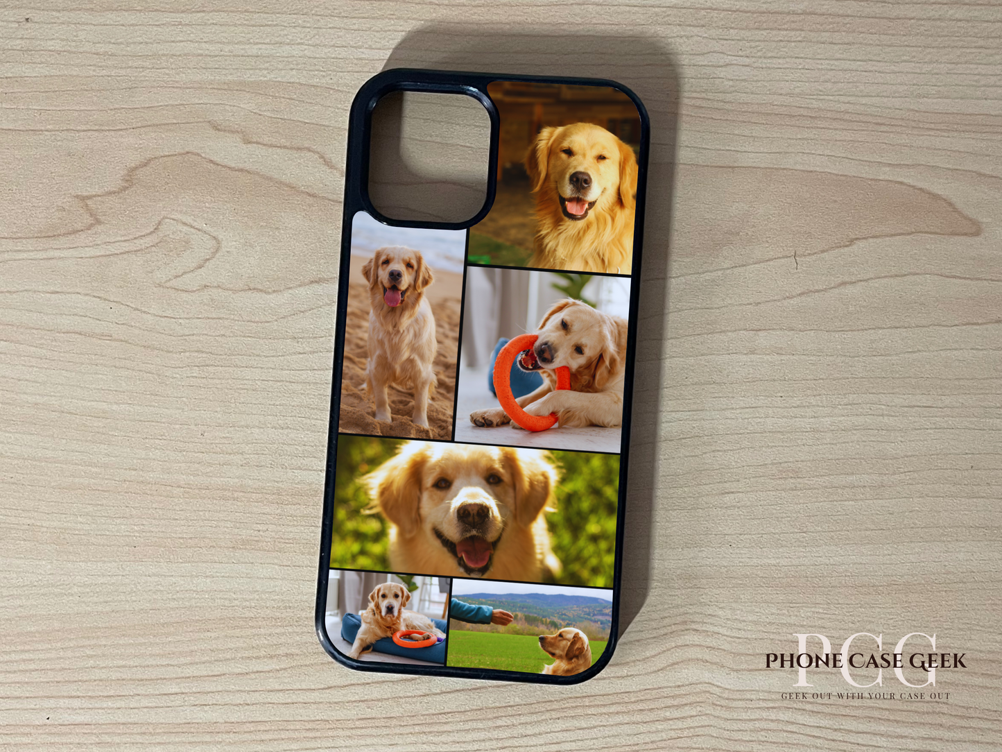 Custom phone case for the iPhone showing 6 photo collage photo of family moments on a wooden surface.