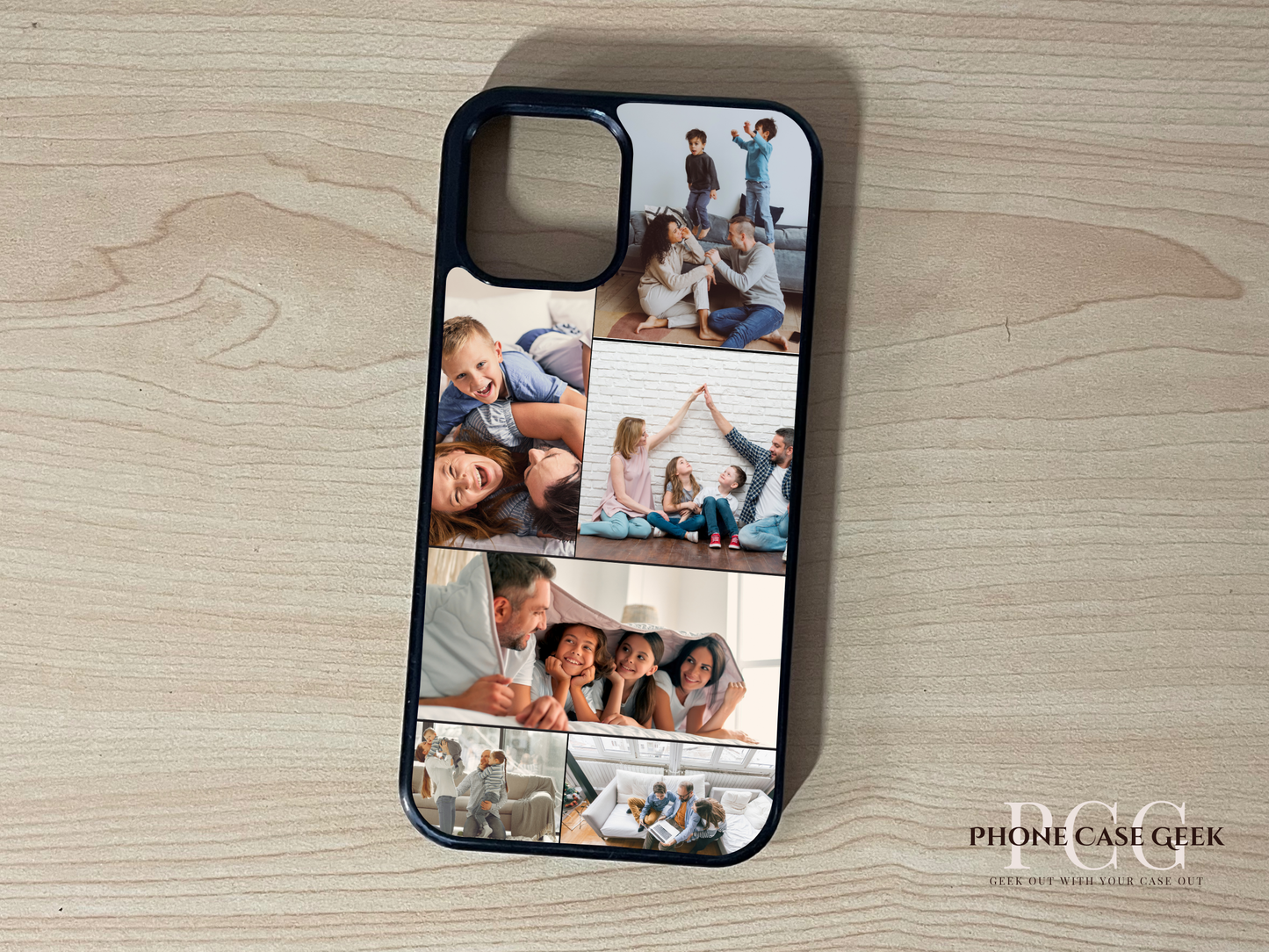 Custom phone case for the iPhone showing 6 photo collage photo of family moments on a wooden surface.
