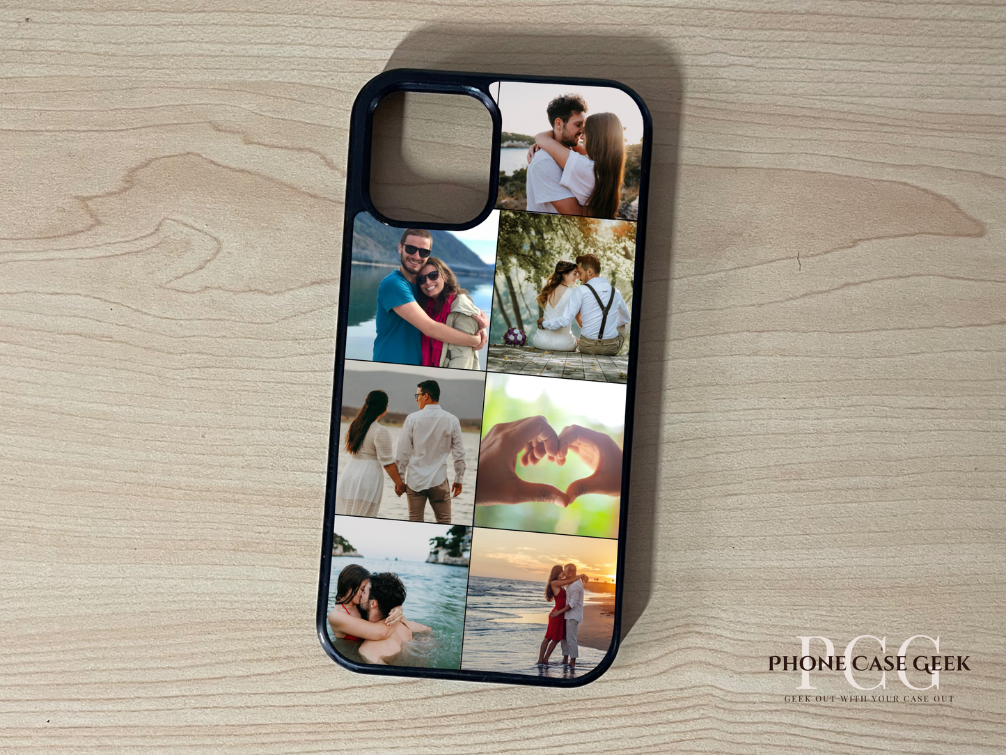 Custom phone case for the iPhone showing 7 photo collage photo of couple moments on a wooden surface.