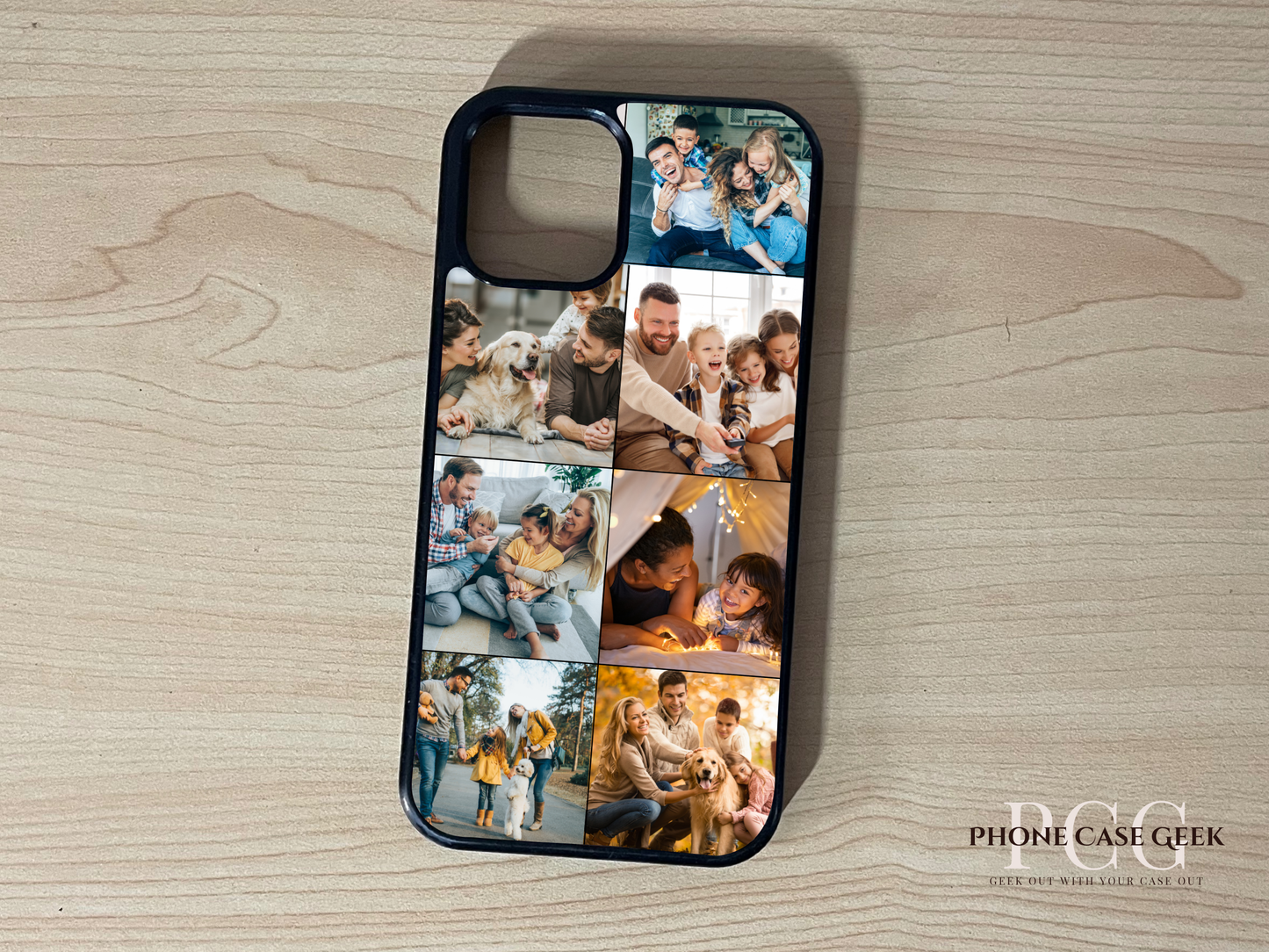 Custom phone case for the iPhone showing 7 photo collage photo of family moments on a wooden surface.