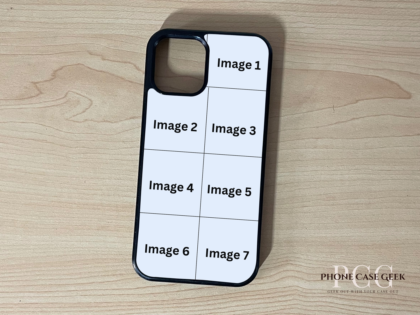 Custom phone case for iPhone showing 7 photo collage photo placement on a wooden surface.