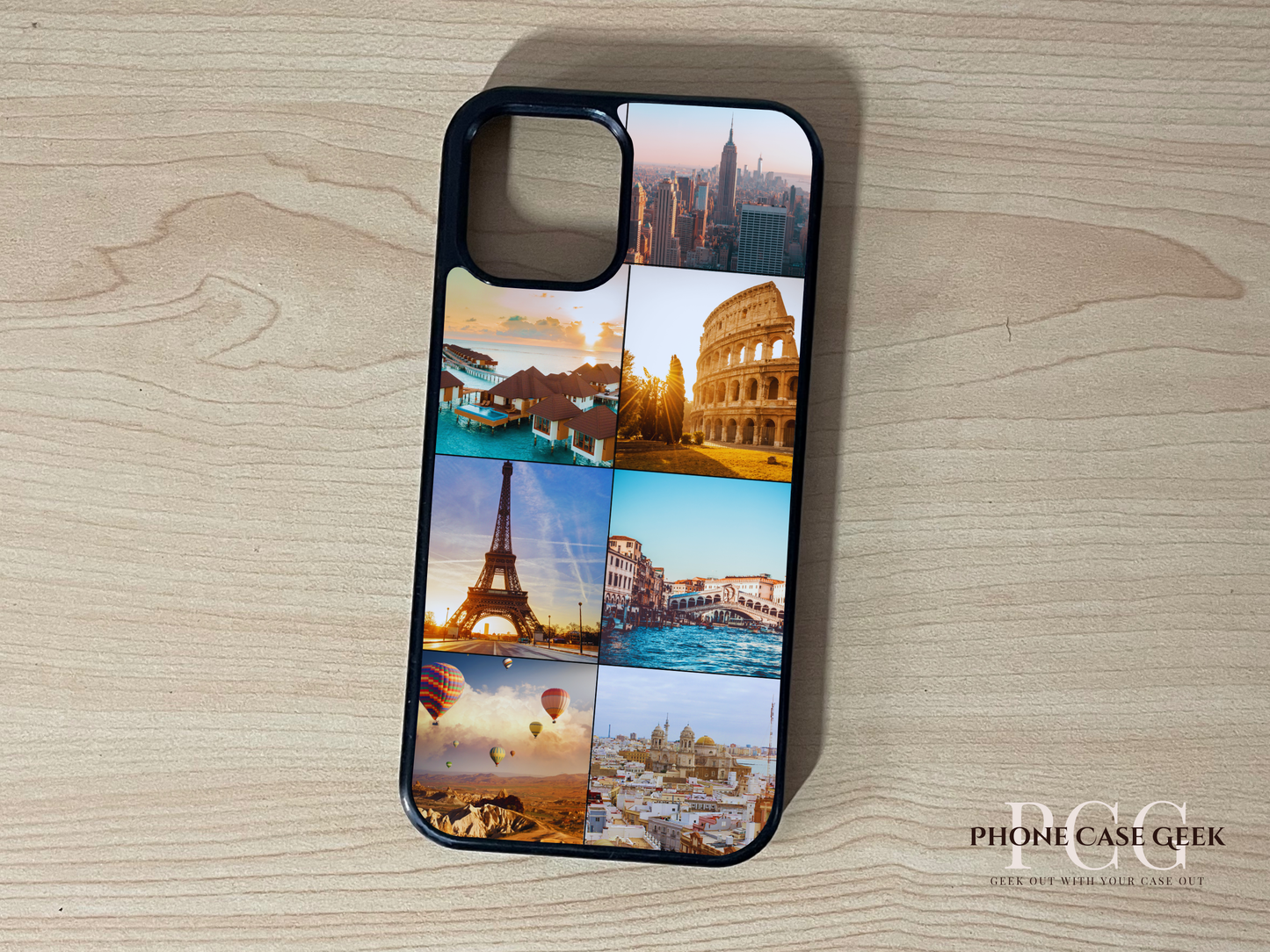 Custom iPhone case 7 photo collage with travel-themed images on a wooden surface