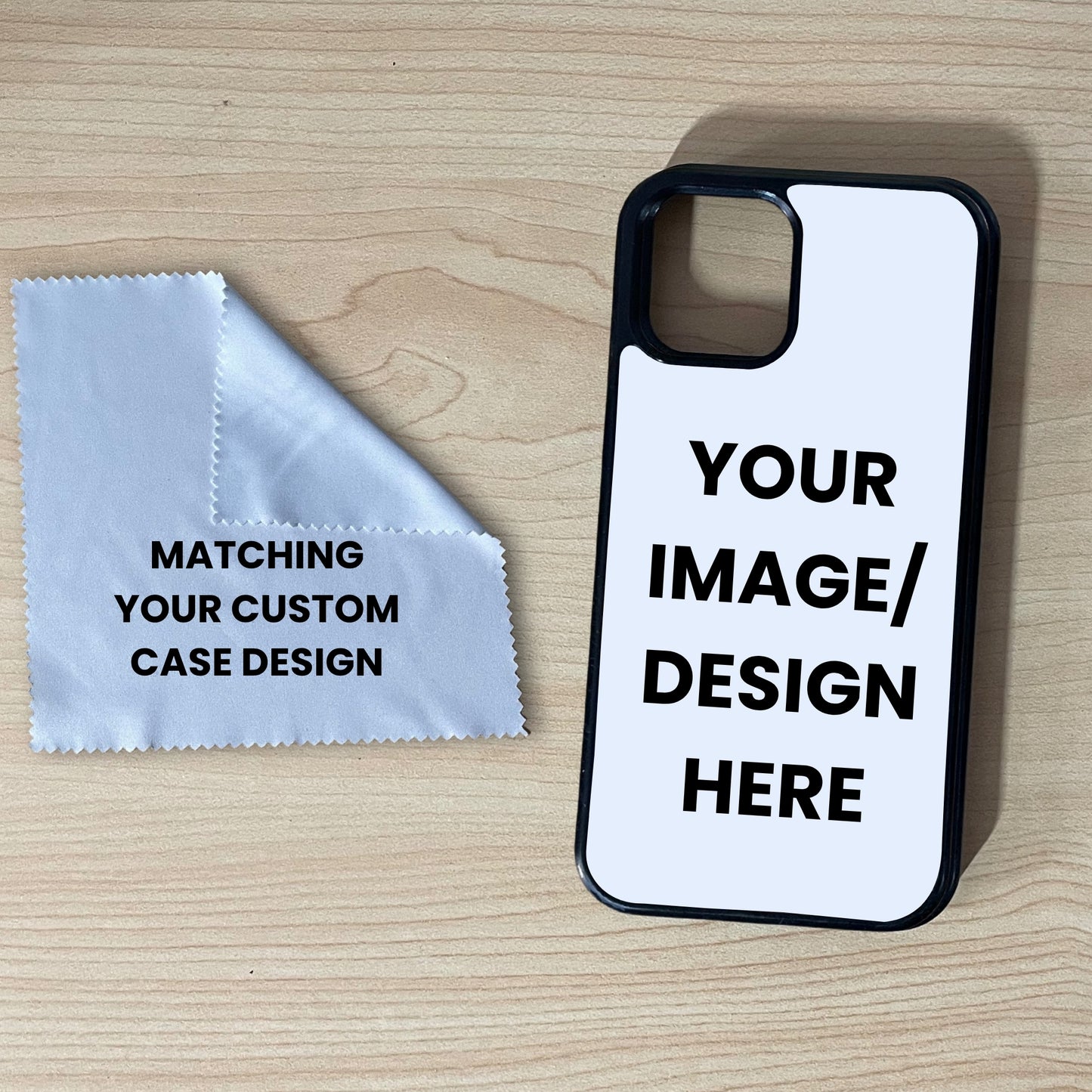 iPhone custom case showing image placement and a matching microfiber screen cleaning cloth on a wooden surface.
