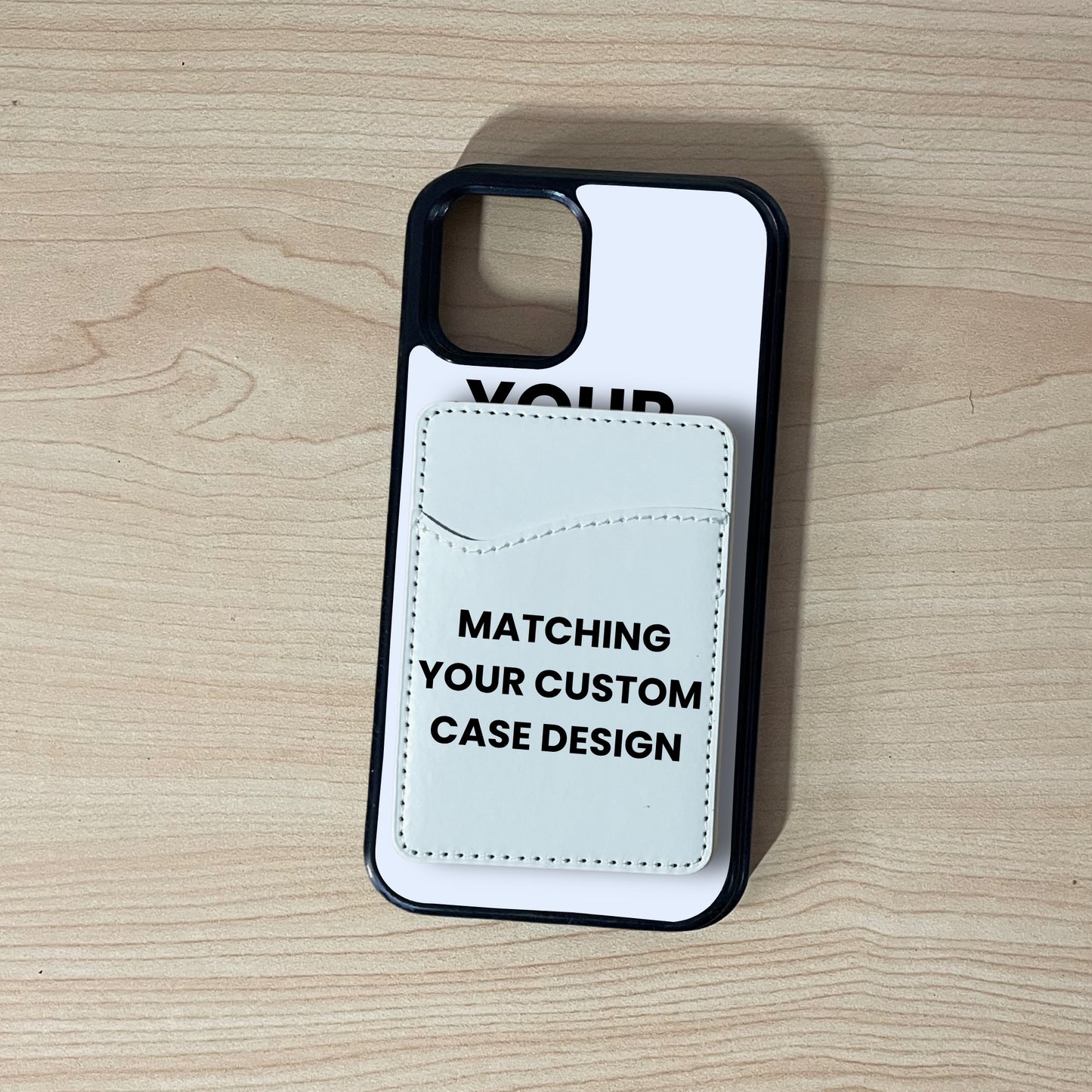 iPhone custom case showing image placement with a matching phone card holder attached a wooden surface.