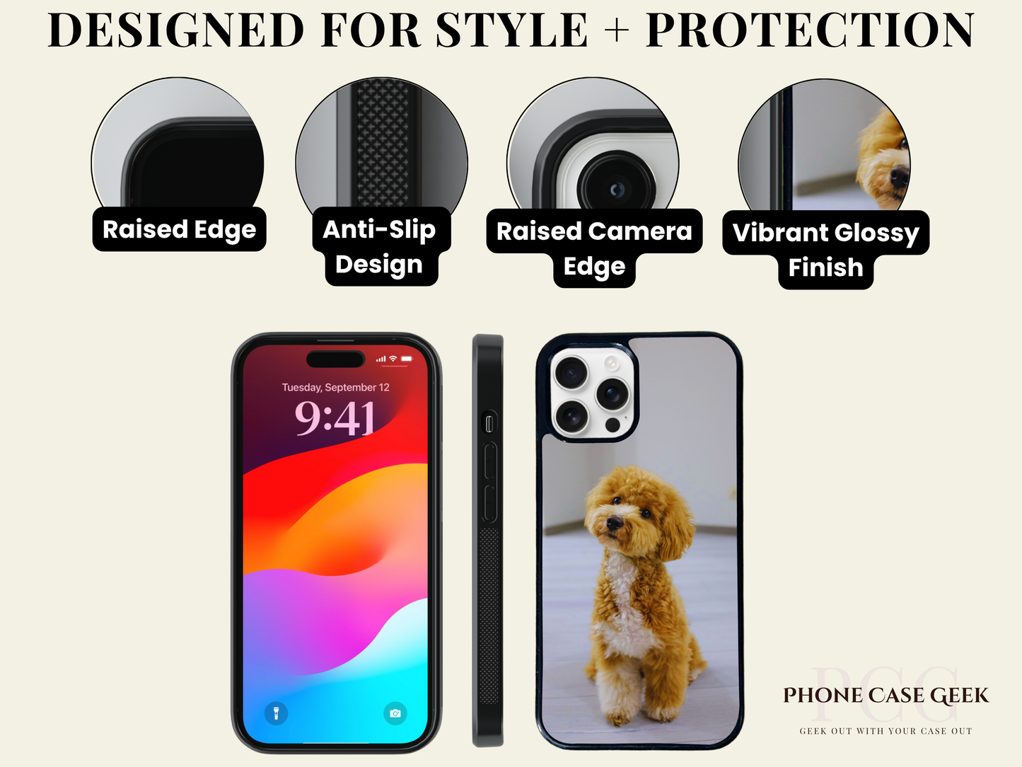 Phone case with features highlighted and two phone designs shown.