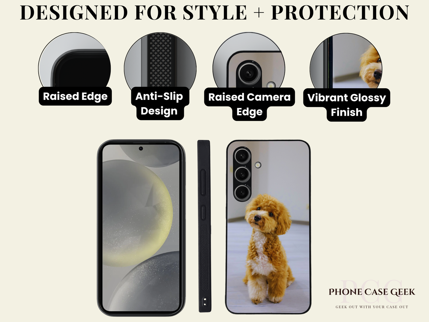 Phone case features with text 'Designed for Style + Protection' and images of Samsung phone cases.