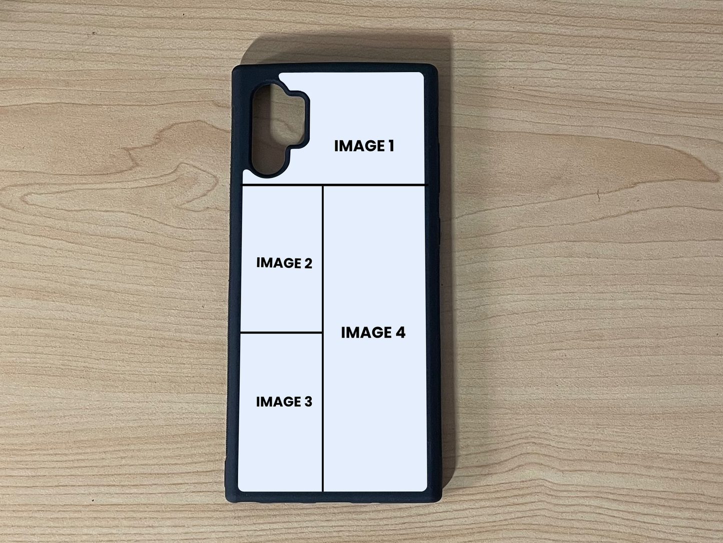 Custom phone case for the Samsung Note 10 Plus showing 4 photo collage photo placement on a wooden surface.