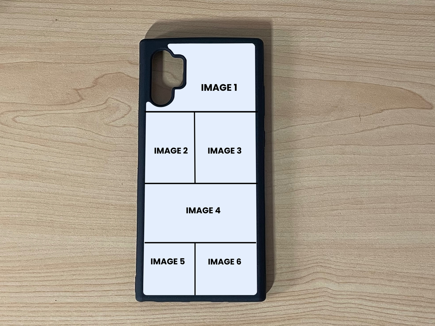 Custom phone case for the Samsung Note 10 Plus showing 6 photo collage photo placement on a wooden surface.