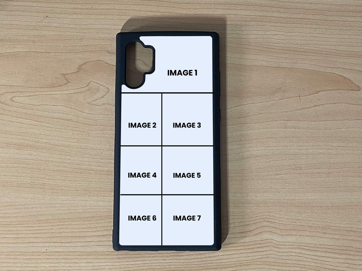 Custom phone case for the Samsung Note 10 Plus showing 7 photo collage photo placement on a wooden surface.