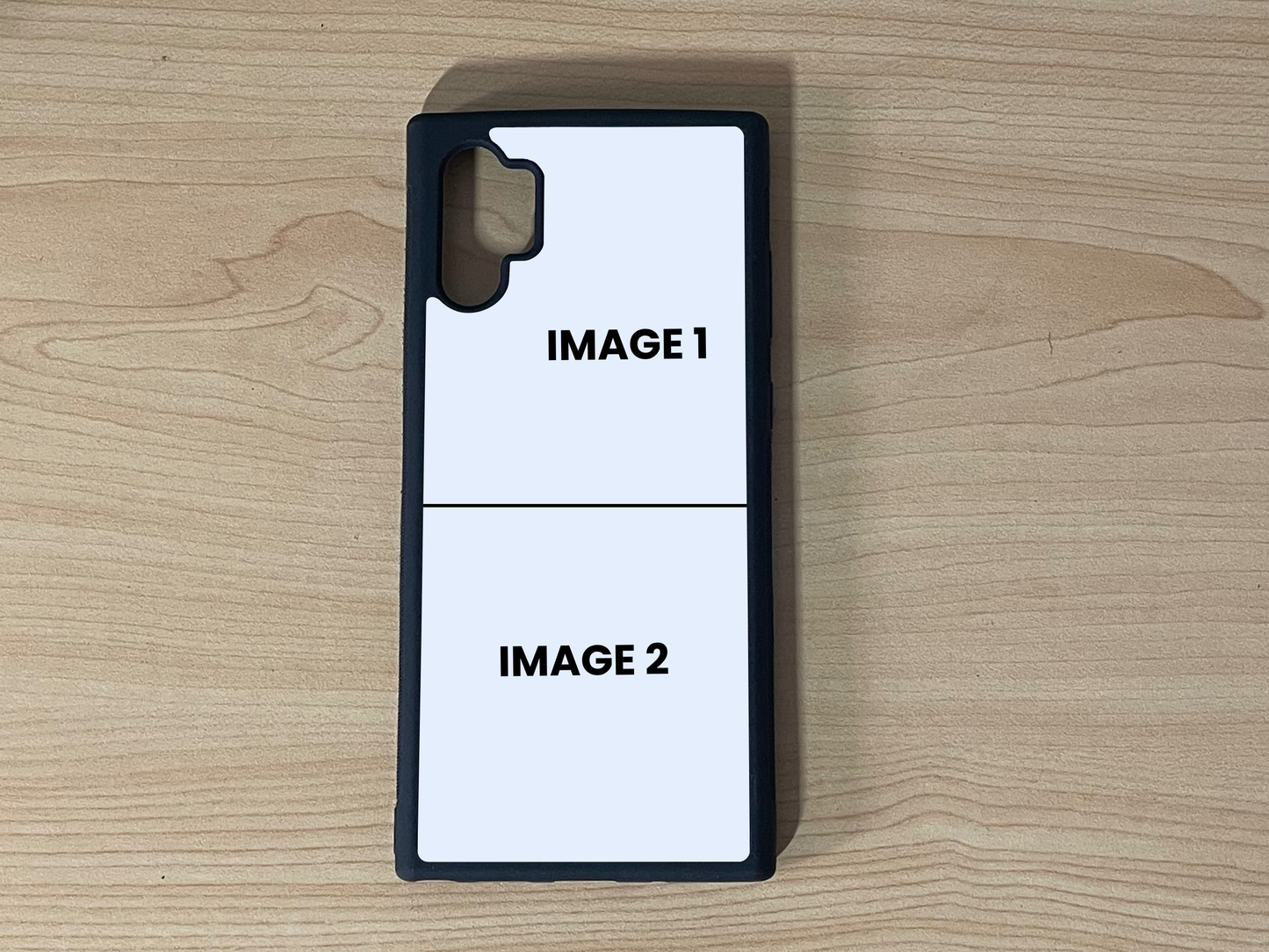 Custom phone case for the Note 10 Plus showing 2 photo collage photo placement on a wooden surface.