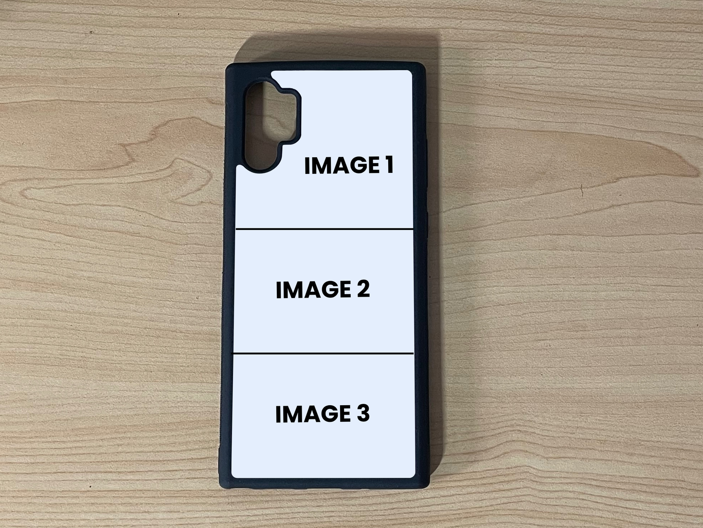 Custom phone case for the Samsung Note 10 Plus showing 3 photo collage photo placement on a wooden surface.