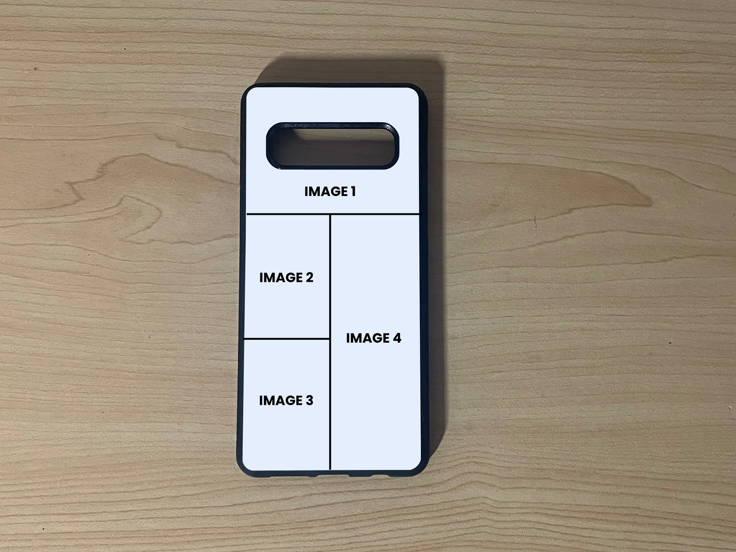Custom phone case for the Samsung S10 and S10e showing 4 photo collage photo placement on a wooden surface.