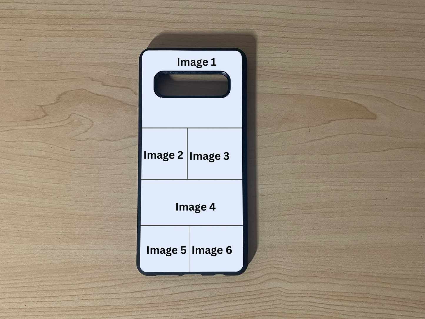 Custom phone case for the Samsung S10 and S10e showing 6 photo collage photo placement on a wooden surface.