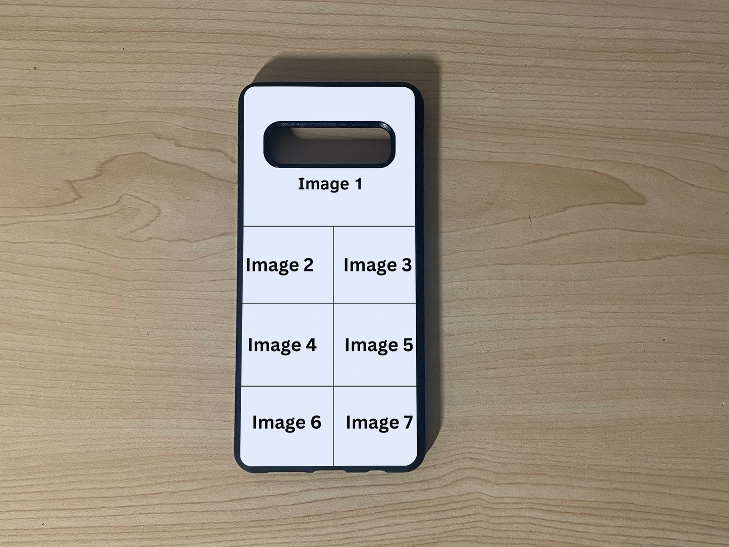 Custom phone case for the Samsung S10 and S10e showing 7 photo collage photo placement on a wooden surface.