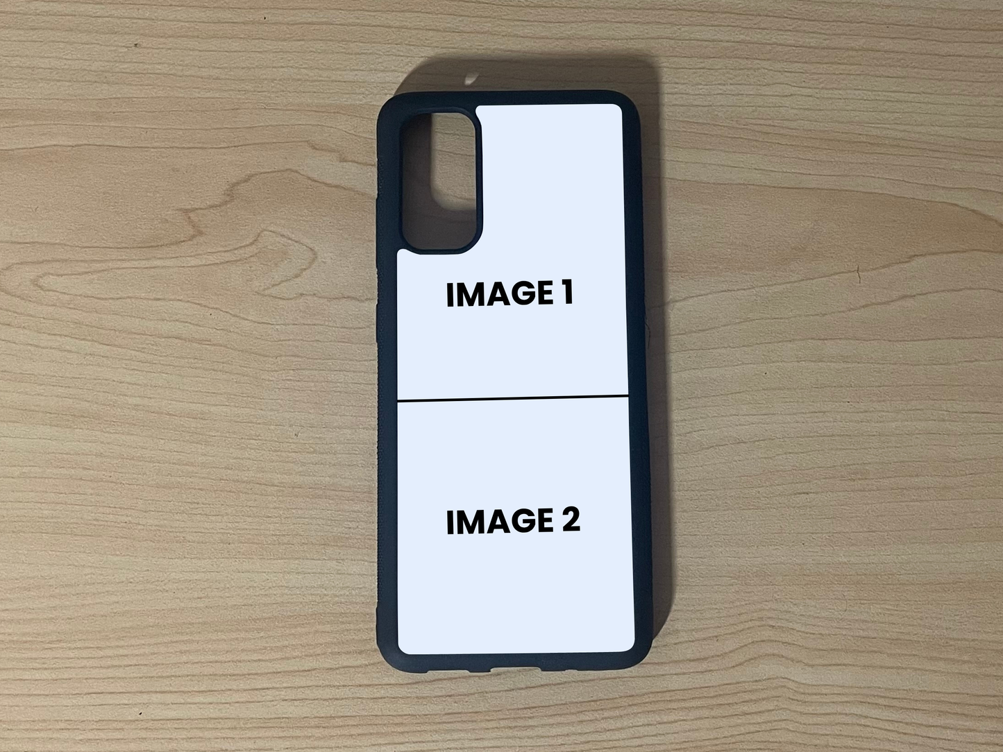 Custom phone case for the Samsung S20, S20 Ultra, and S20 FE showing 2 photo collage photo placement on a wooden surface.