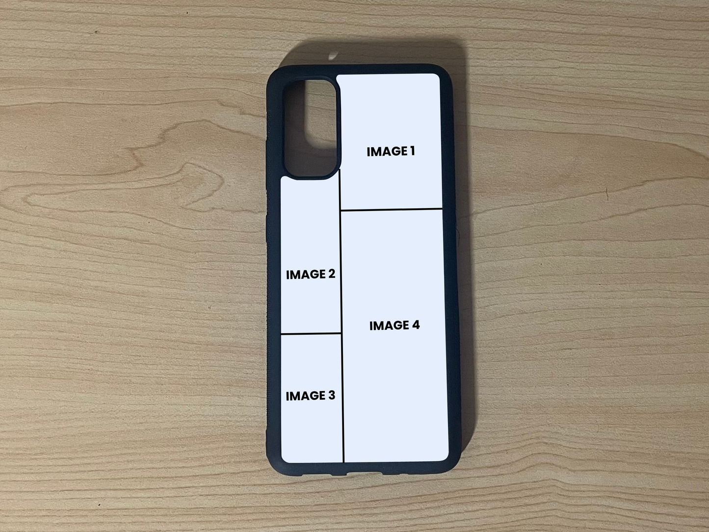 Custom phone case for the Samsung S20, S20 Ultra, and S20 FE showing 4 photo collage photo placement on a wooden surface.