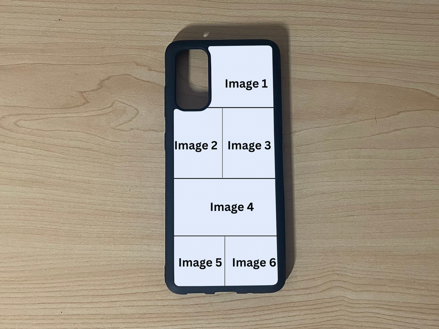 Custom phone case for the Samsung S20, S20 Ultra, and S20 FE showing 6 photo collage photo placement on a wooden surface.