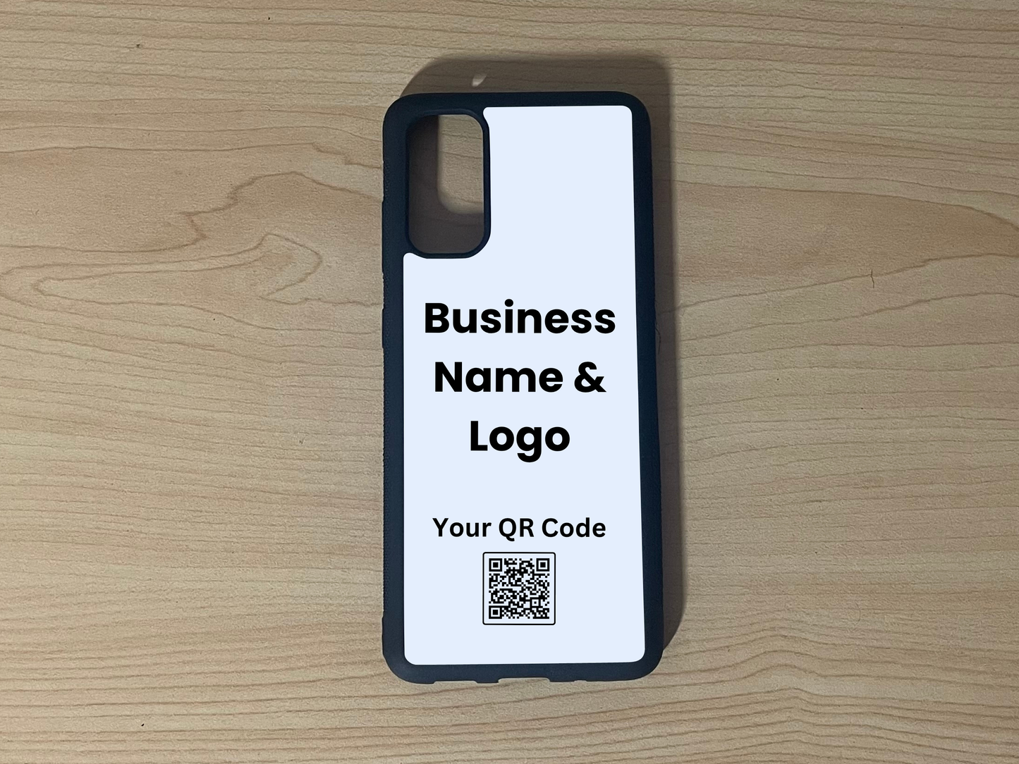 Custom phone case for the Samsung S20 and S20 Ultra and S20fe showing placement for business logo design and customizable QR code on a wooden surface