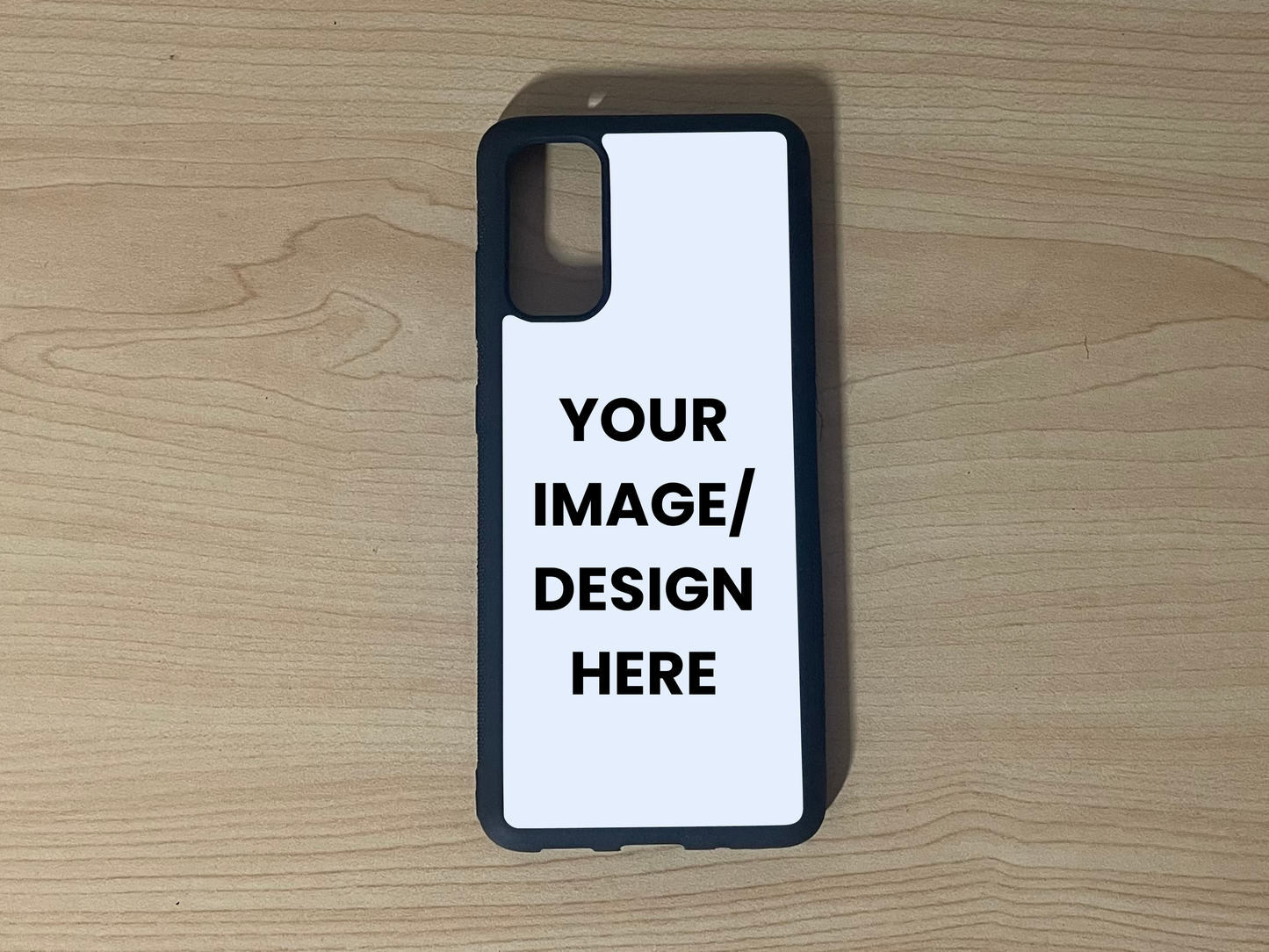 Custom phone case for the Samsung S20, S20 Ultra, and S20 FE showing "Your Image / design here" for customization placement on a wooden surface.