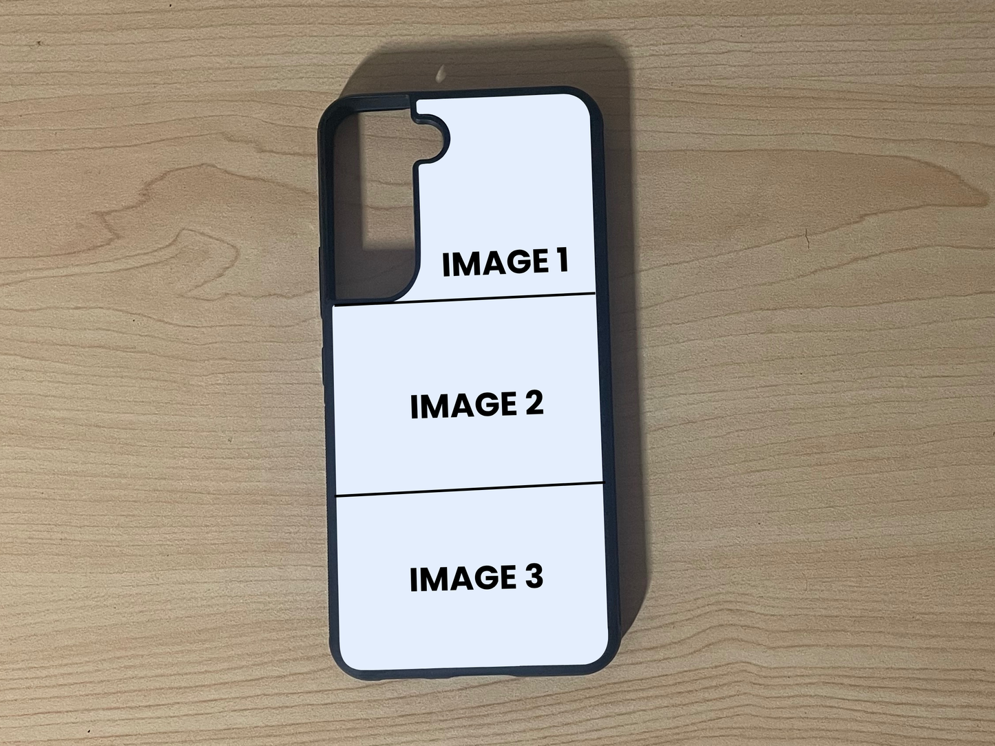 Custom phone case for the Samsung S21 and S21 Plus showing 3 photo collage photo placement on a wooden surface.