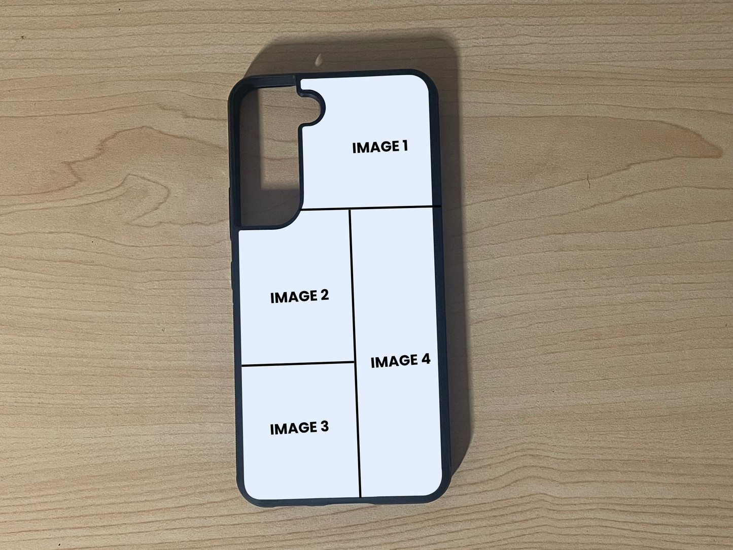 Custom phone case for the Samsung S21 and S21 Plus showing 4 photo collage photo placement on a wooden surface.