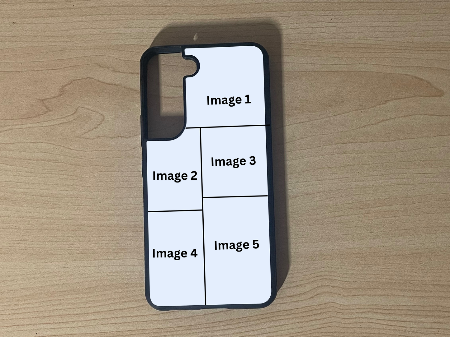 Custom phone case for the Samsung S21 and S21 Plus showing 5 photo collage photo placement on a wooden surface.