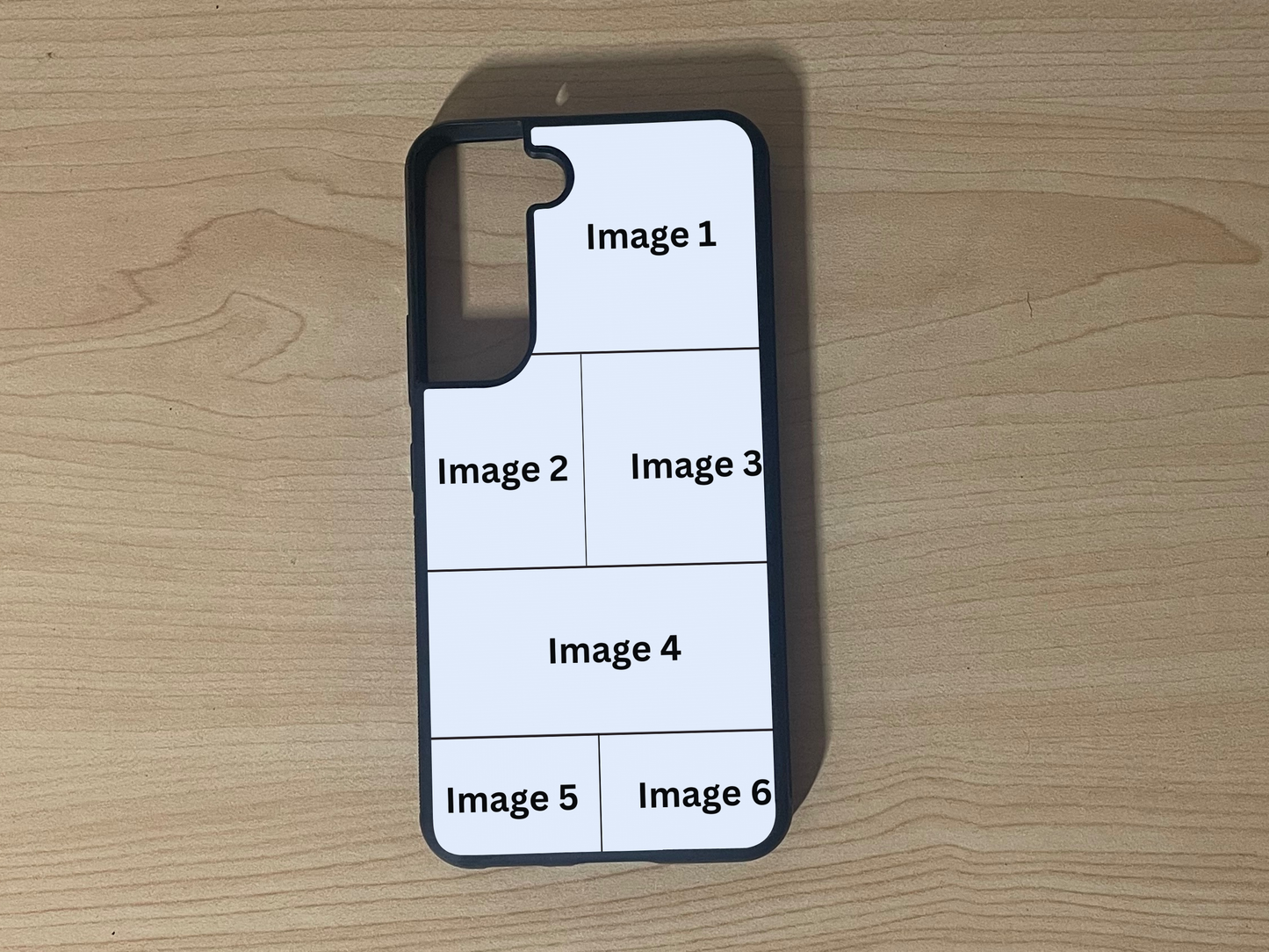 Custom phone case for the Samsung S21 and S21 Plus showing 6 photo collage photo placement on a wooden surface.