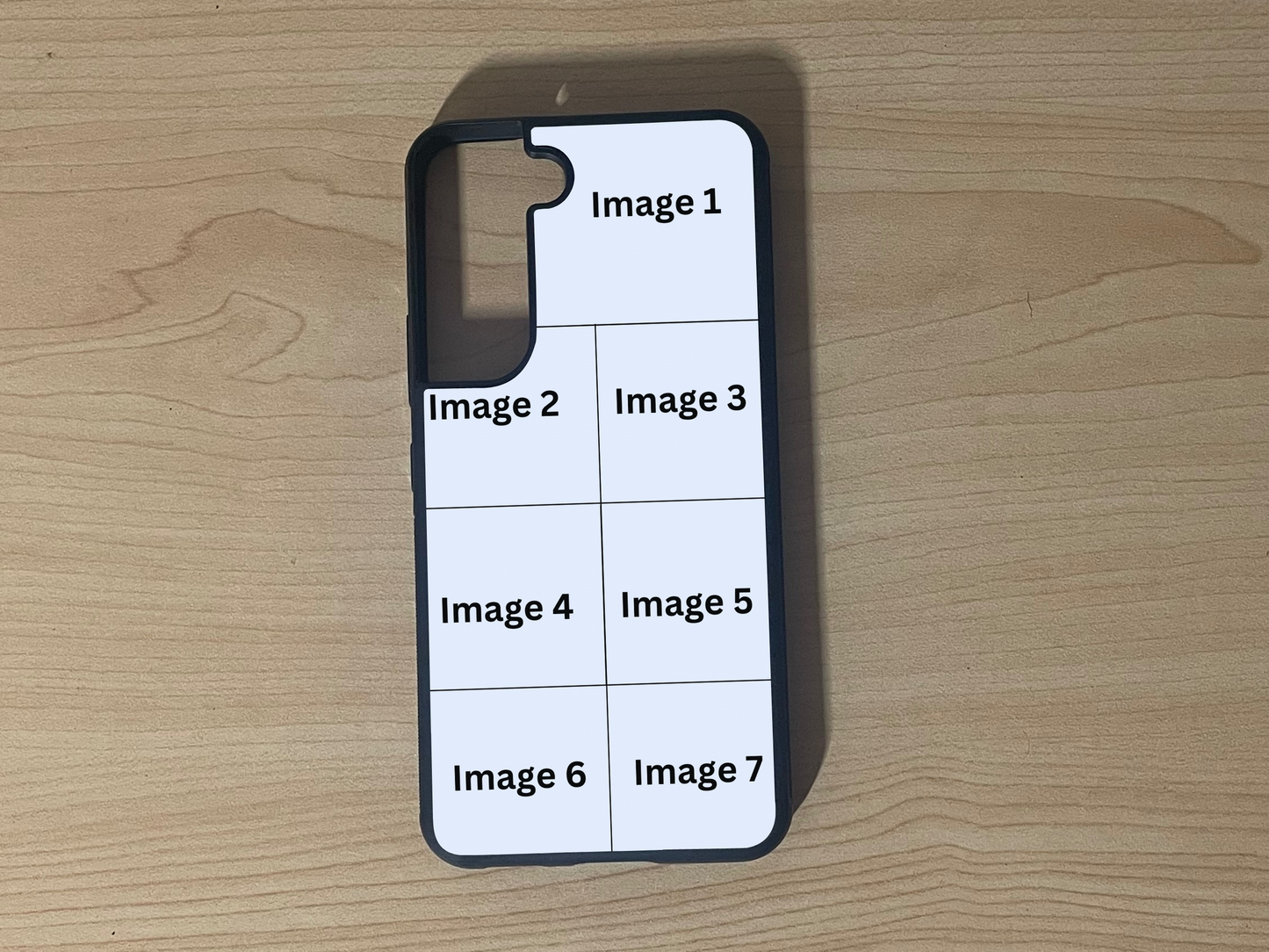 Custom phone case for the Samsung S21 and S21 Plus showing 7 photo collage photo placement on a wooden surface.