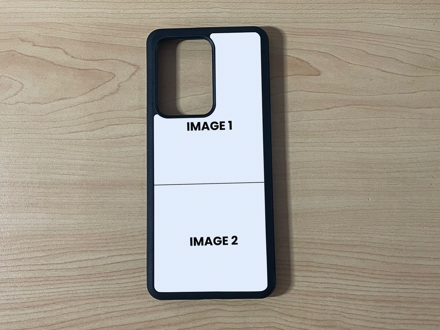 Custom phone case for the Samsung 21 Ultra, Note 20 and Note Ultra showing 2 photo collage photo placement on a wooden surface.