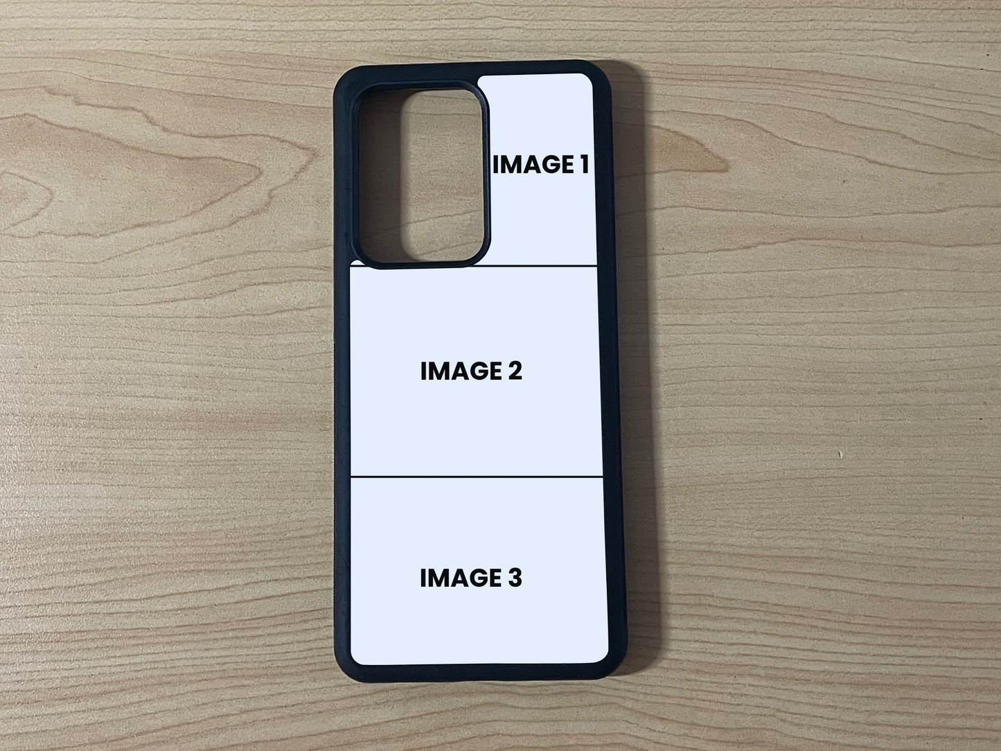 Custom phone case for the Samsung 21 Ultra, Note 20 and Note Ultra showing 3 photo collage photo placement on a wooden surface.