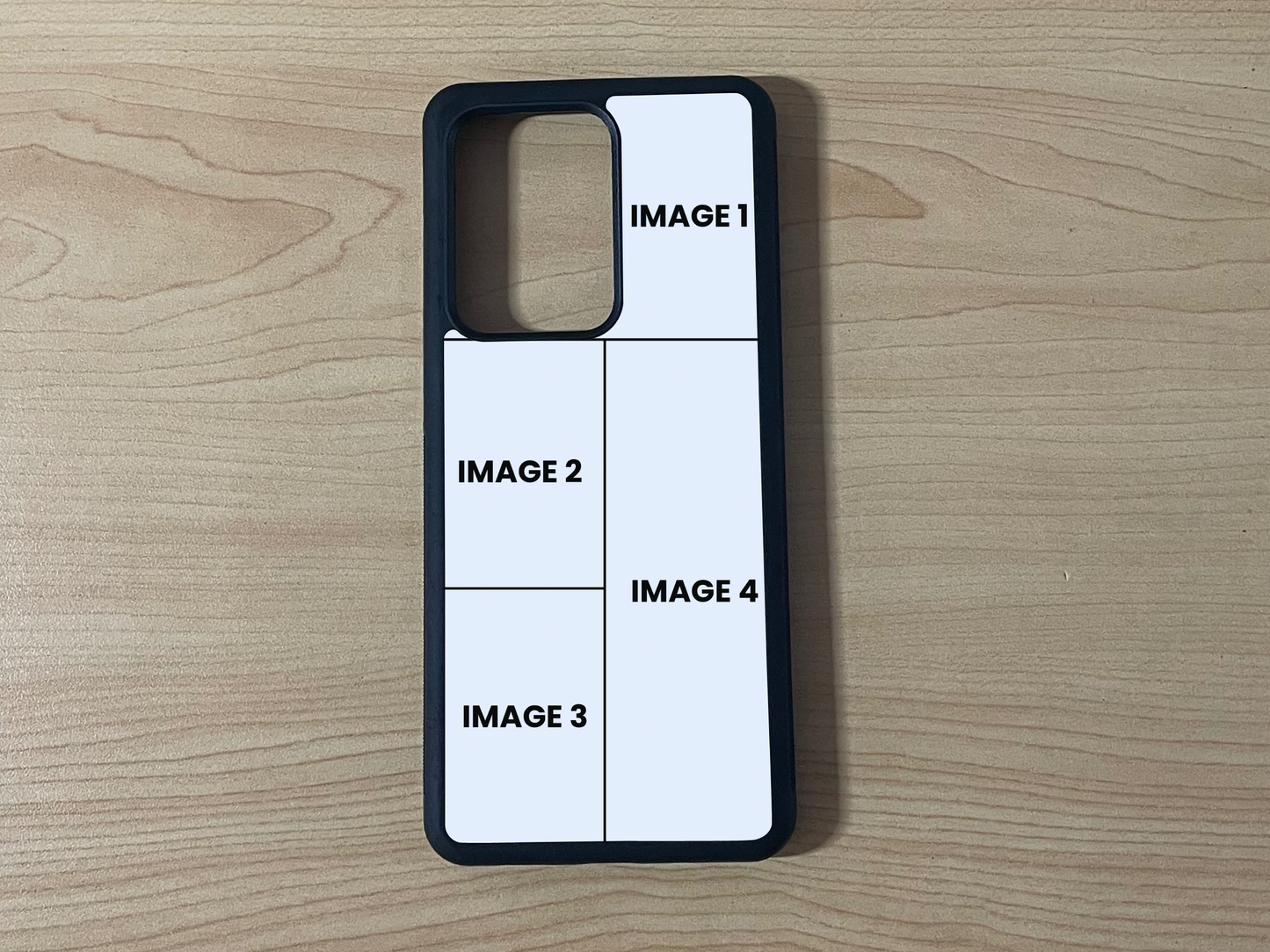 Custom phone case for the Samsung 21 Ultra, Note 20 and Note Ultra showing 4 photo collage photo placement on a wooden surface.