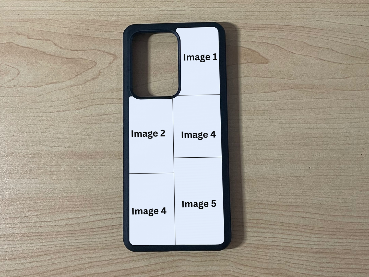 Custom phone case for the Samsung 21 Ultra, Note 20 and Note Ultra showing 5 photo collage photo placement on a wooden surface.