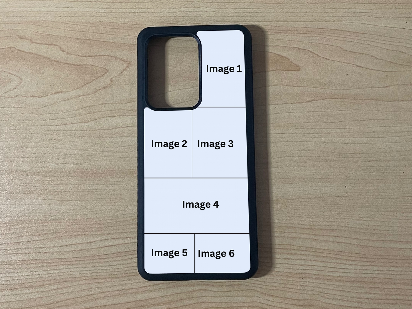 Custom phone case for the Samsung 21 Ultra, Note 20 and Note Ultra showing 6 photo collage photo placement on a wooden surface.