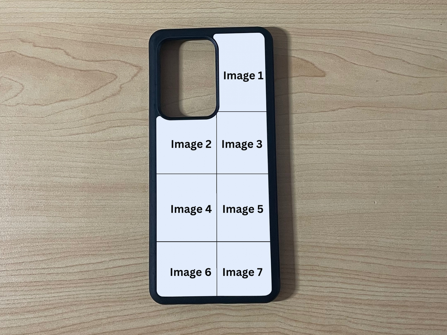 Custom phone case for the Samsung 21 Ultra, Note 20 and Note Ultra showing 7 photo collage photo placement on a wooden surface.