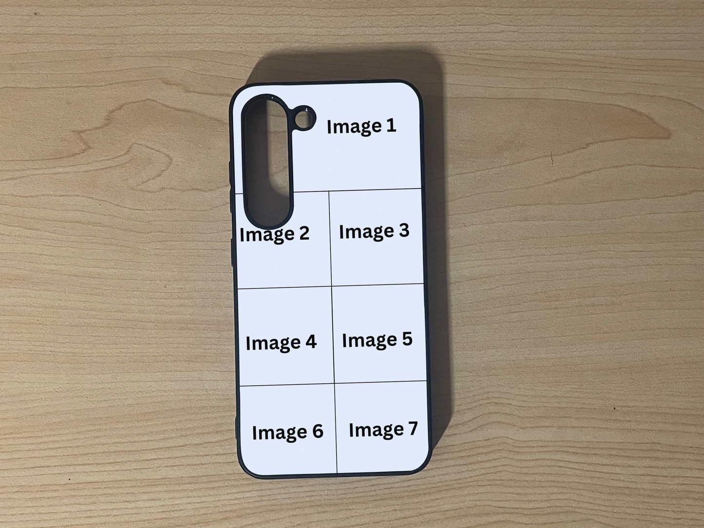Custom phone case for the Samsung S23 and S23 Plus, showing 7 photo collage photo placement on a wooden surface.