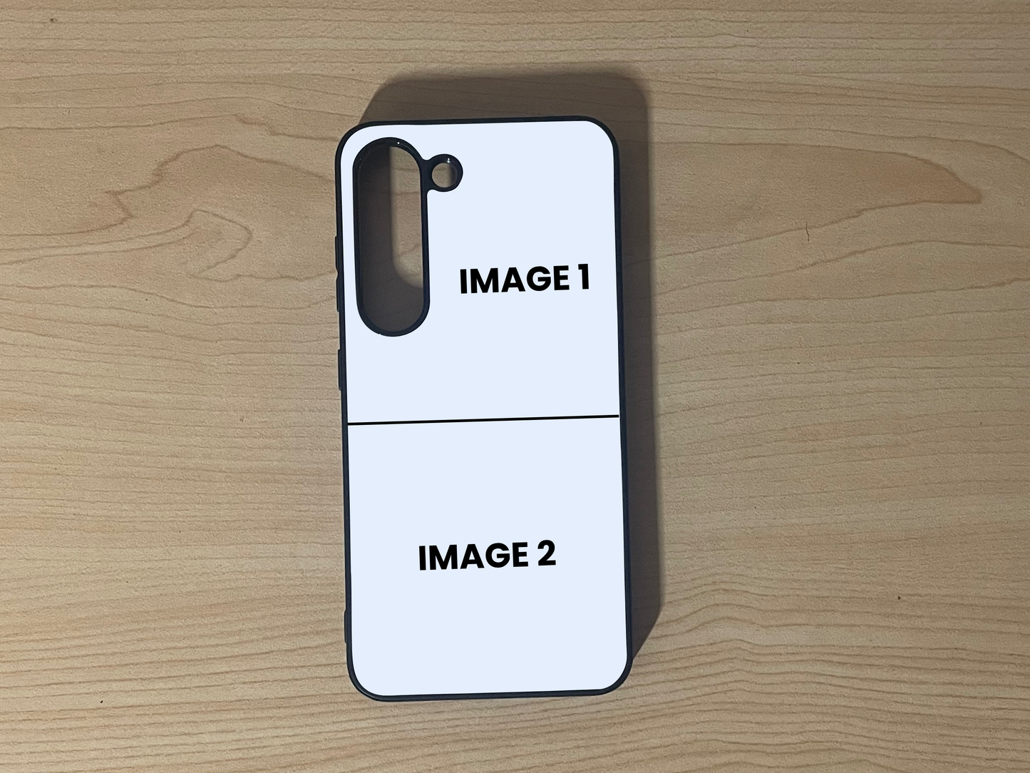 Custom phone case for the Samsung S23 and S23 Plus showing 2 photo collage photo placement on a wooden surface.