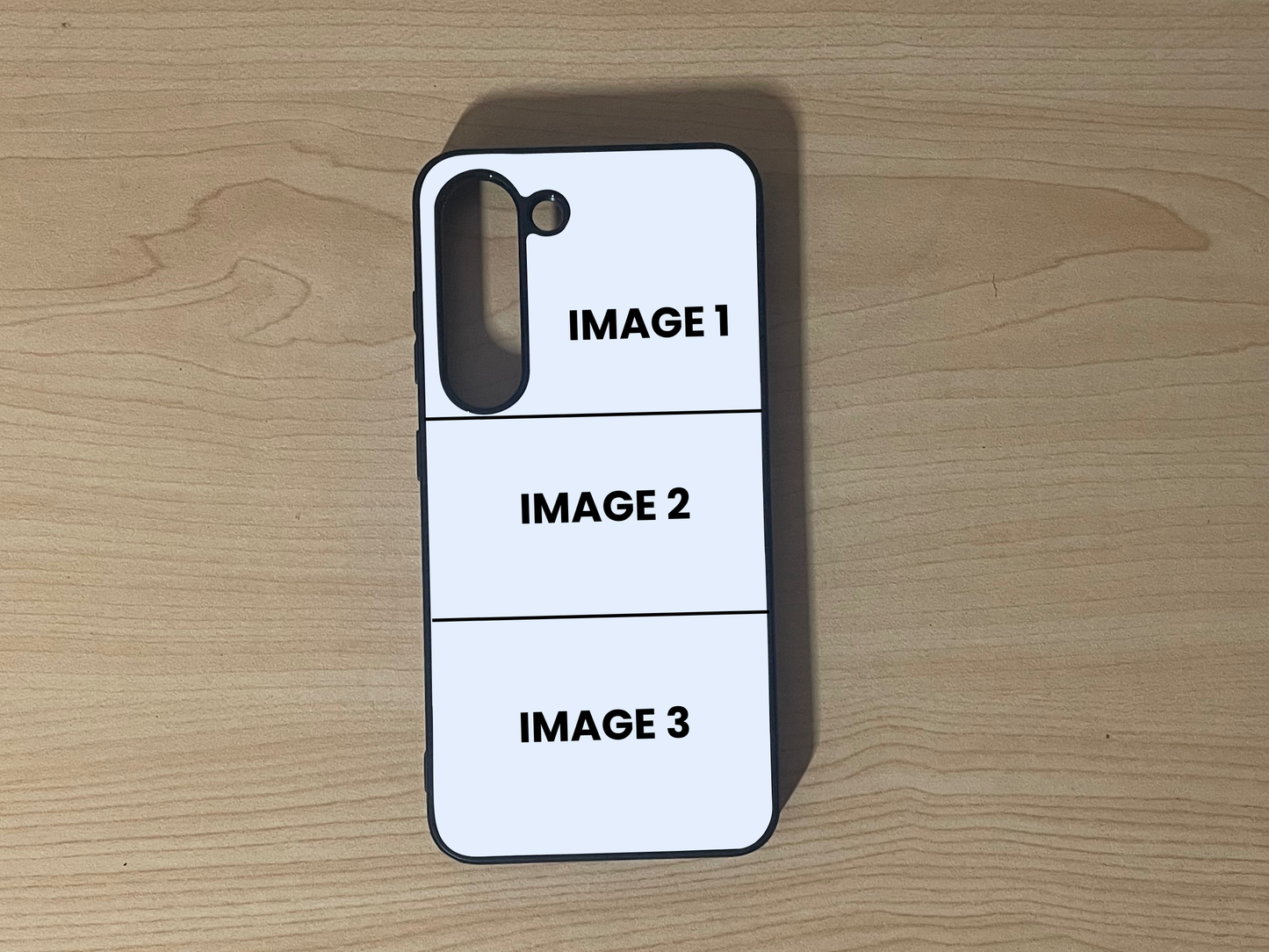 Custom phone case for the Samsung S23 and S23 Plus showing 3 photo collage photo placement on a wooden surface.