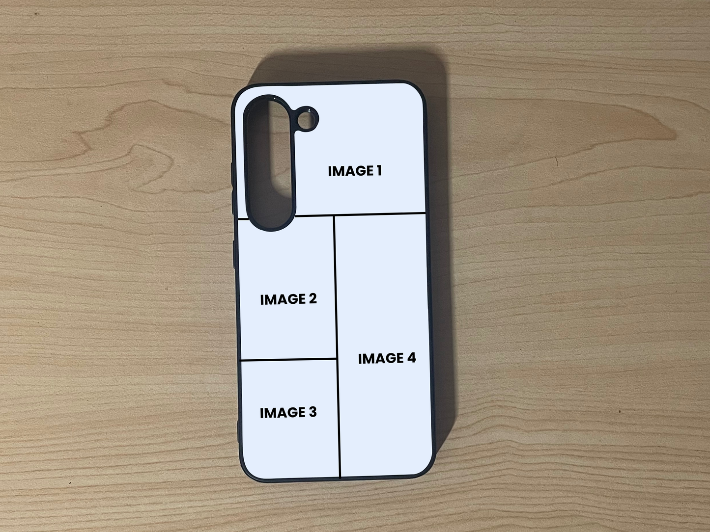 Custom phone case for the Samsung S23 and S23 Plus showing 4 photo collage photo placement on a wooden surface.