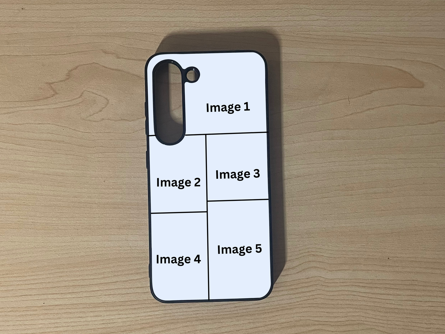 Custom phone case for the Samsung S23 and S23 Plus showing 5 photo collage photo placement on a wooden surface.