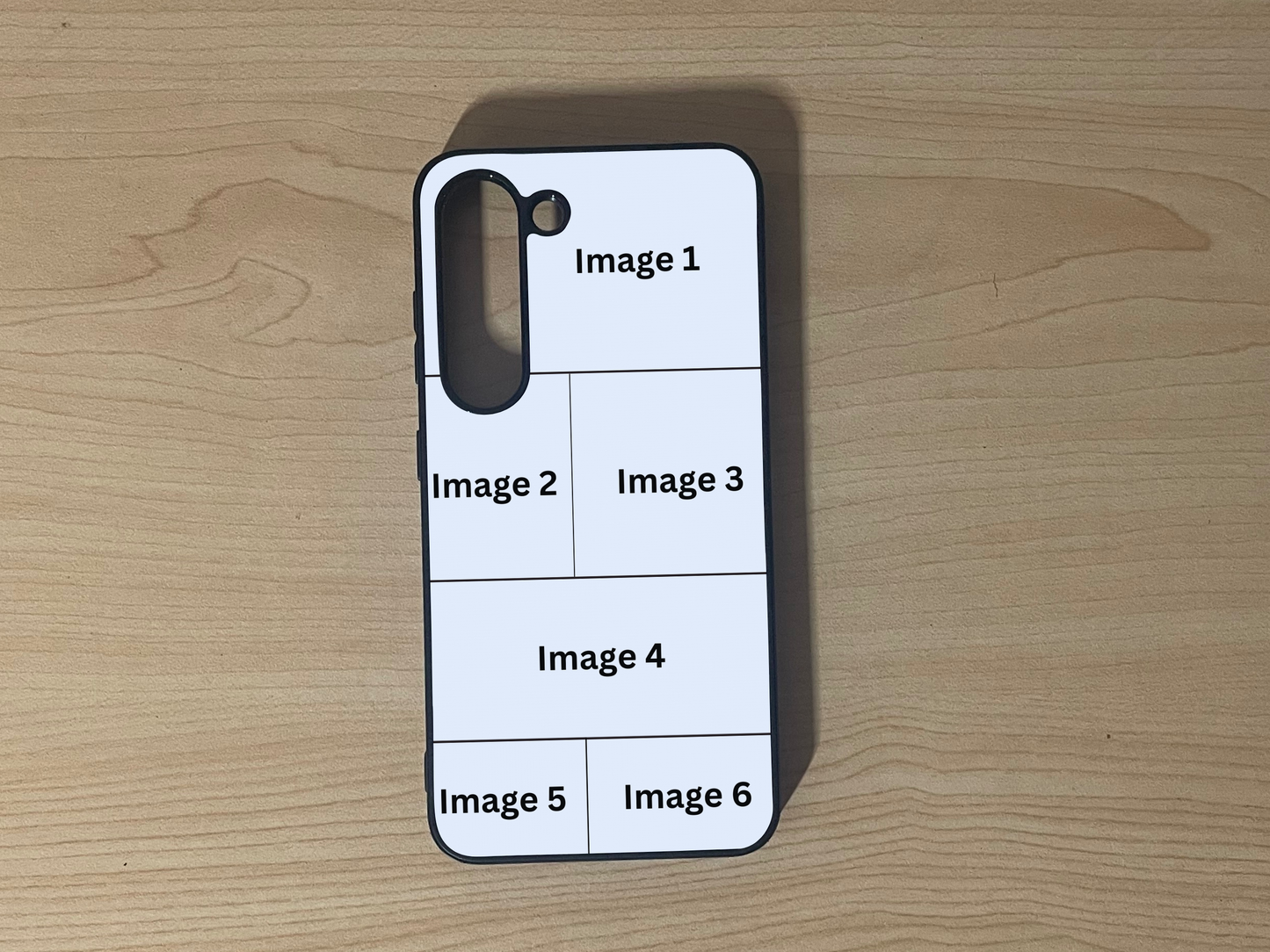 Custom phone case for the Samsung S23 and S23 Plus showing 6 photo collage photo placement on a wooden surface.