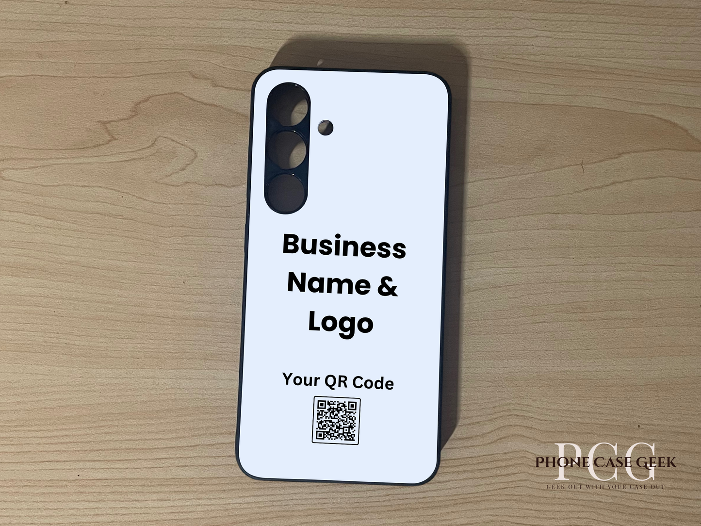 Custom phone case for the Samsung S24 and S24 Plus showing placement for business logo design and customizable QR code on a wooden surface