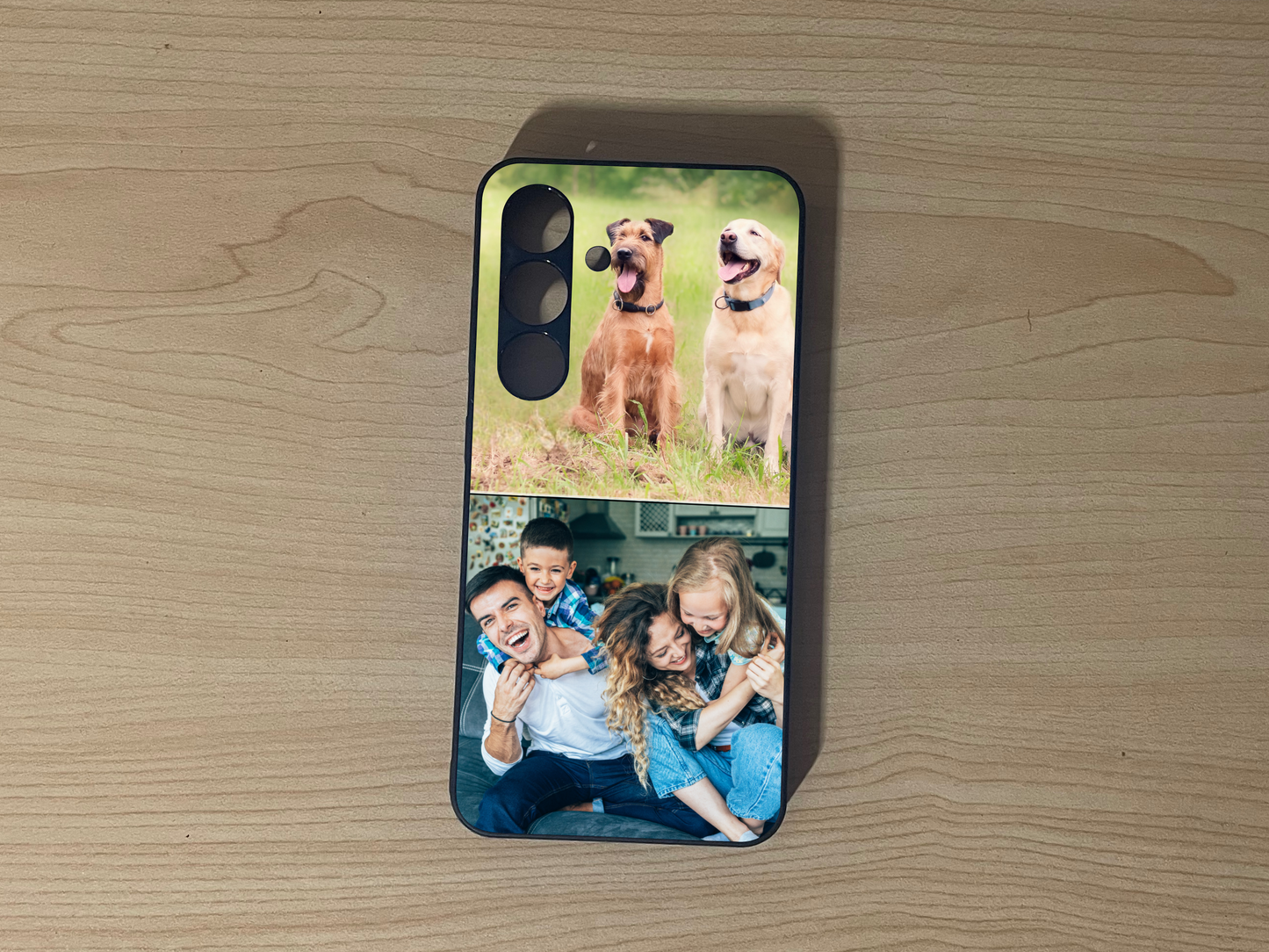 Custom phone case for the iPhone showing 2 photo collage photo of dog and family moments on a wooden surface.