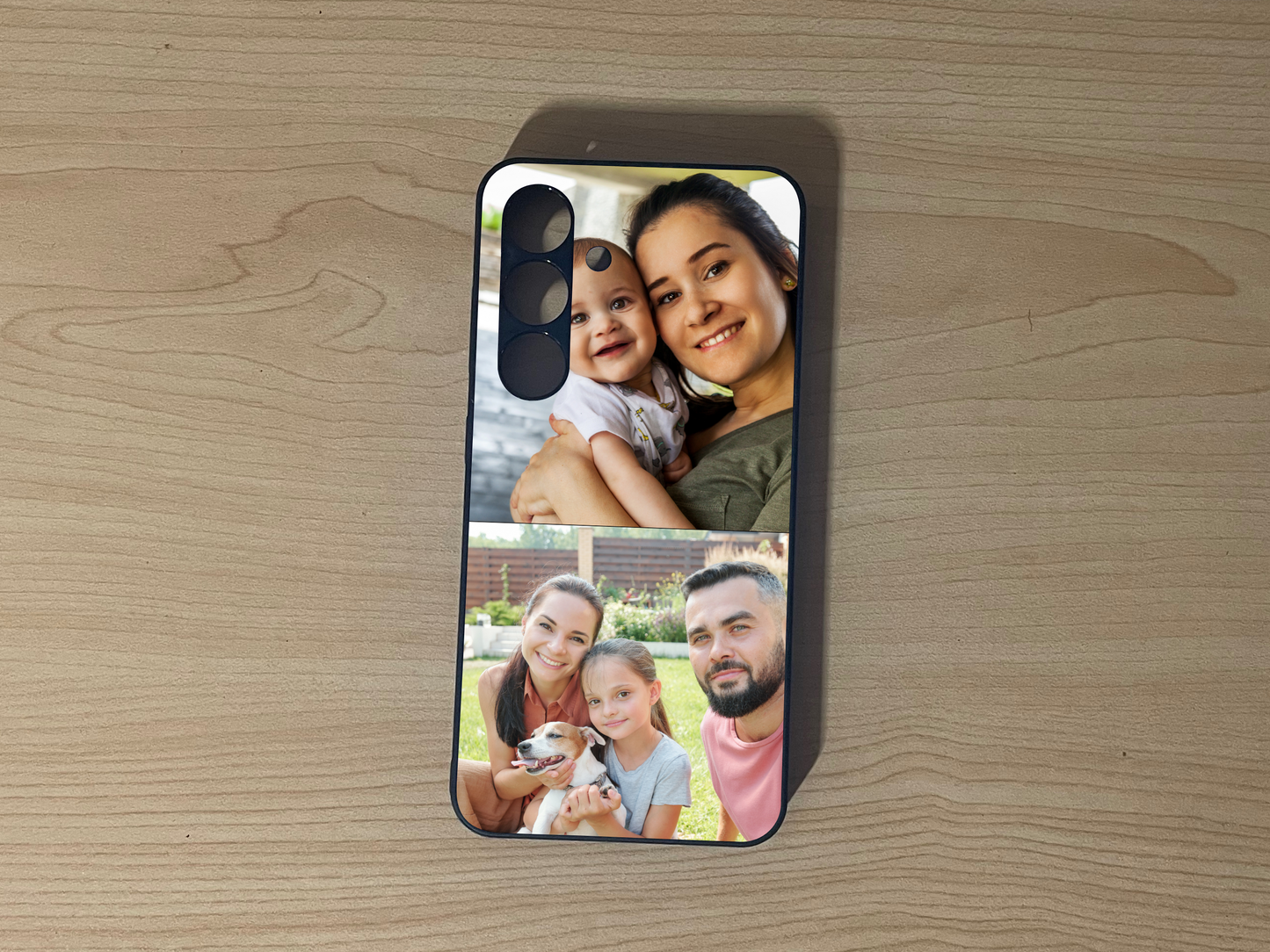 Custom phone case for the Samsung S24 and S24 Plus showing 2 photo collage photo of family moments on a wooden surface.
