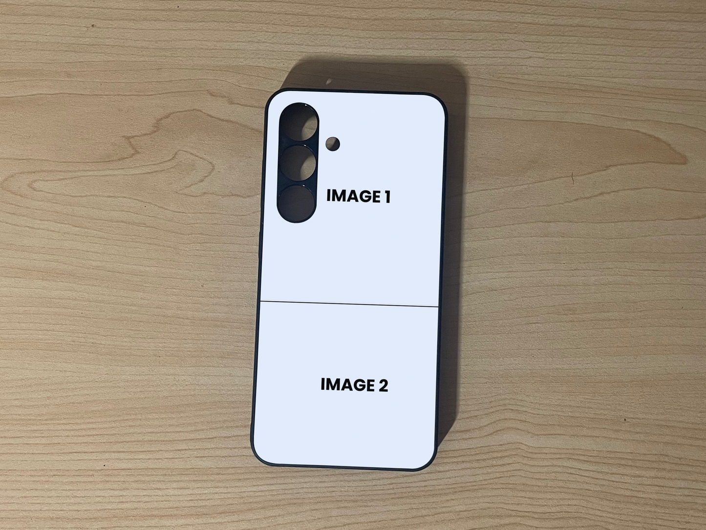 Custom phone case for the Samsung S24 and S24 Plus showing 2 photo collage photo placement on a wooden surface.