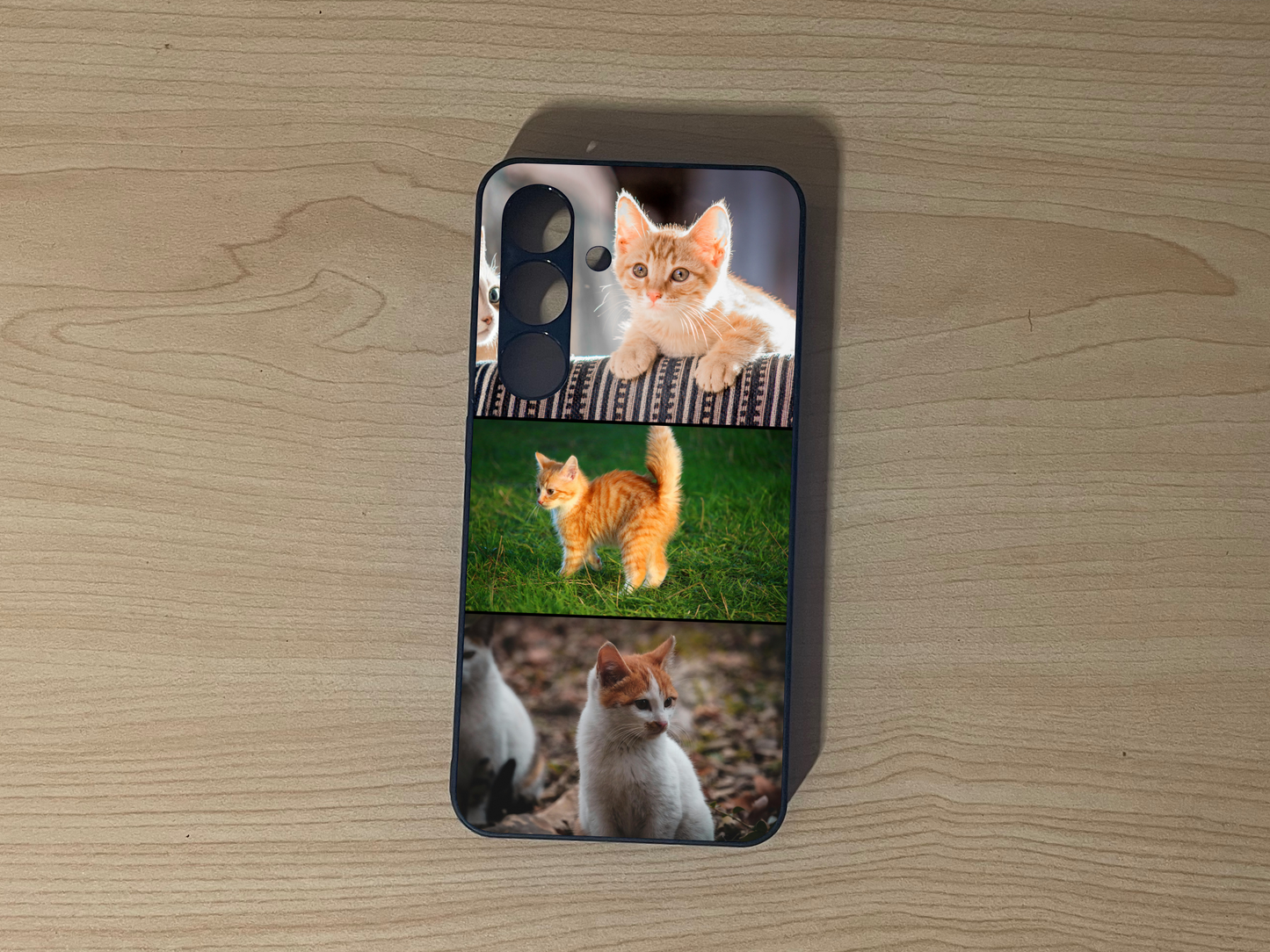 Custom phone case for the Samsung S24 and S24 Plus showing 3 photo collage with images of cats on a wooden surface