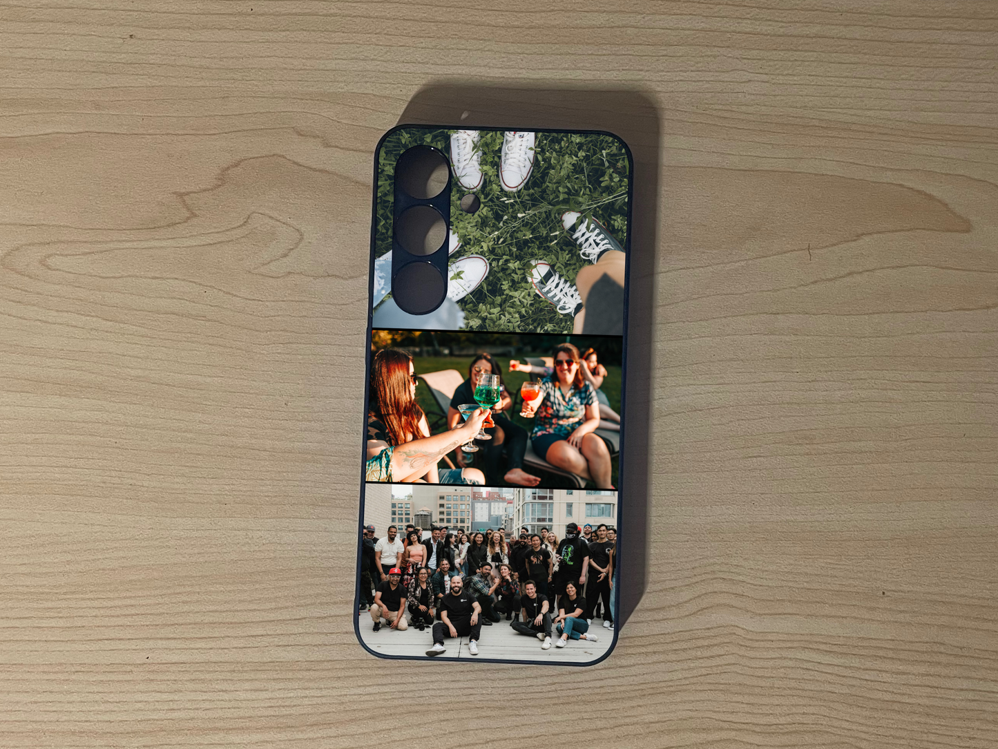 Custom phone case for the Samsung S24 and S24 Plus showing 3 photo collage of friends special moments on a wooden surface.