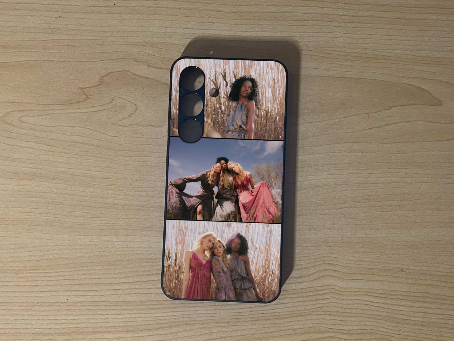 Custom phone case for the Samsung S24 and S24 Plus showing 3 photo collage photo of friends moments on a wooden surface.