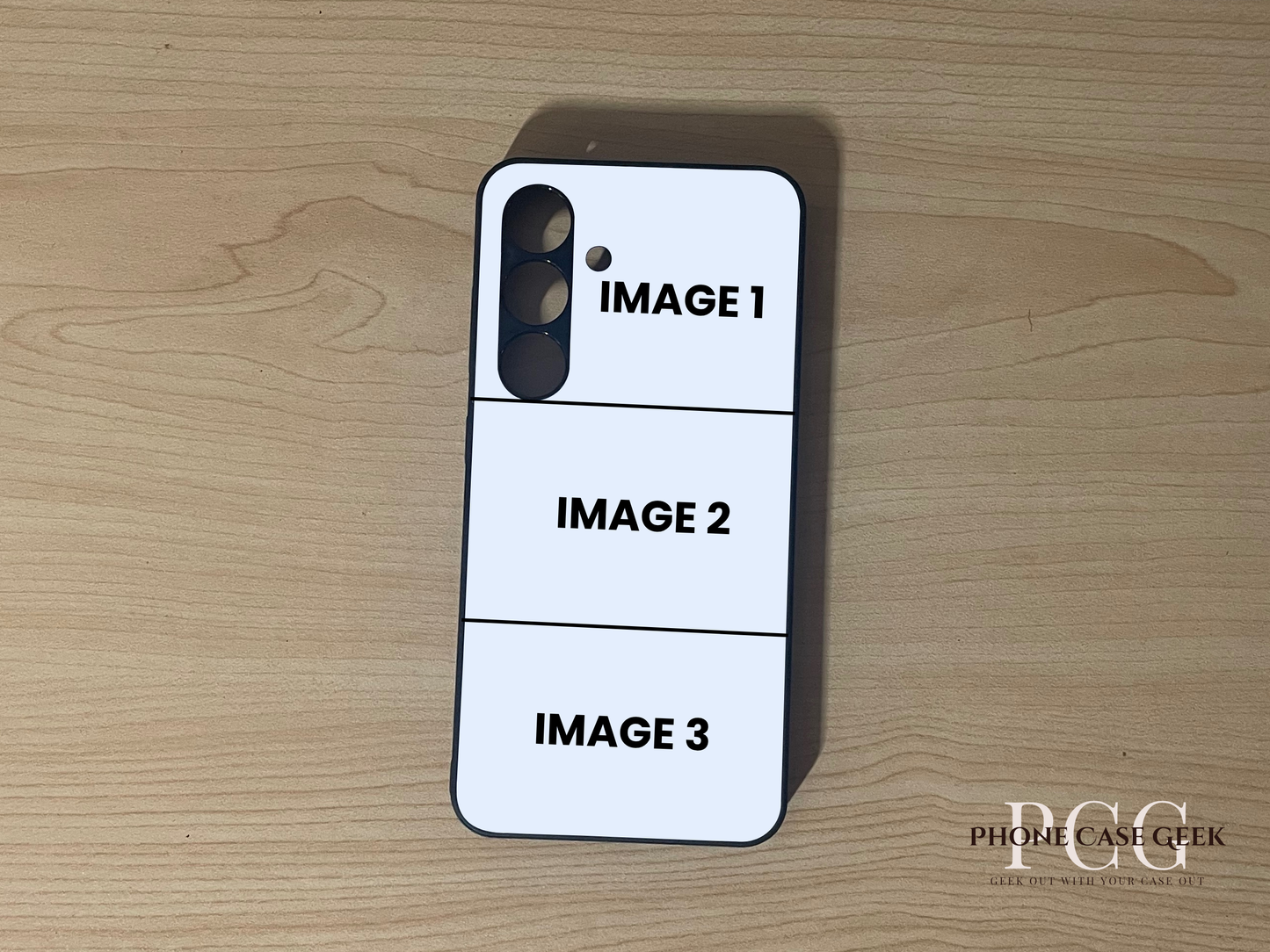 Custom phone case for the Samsung S24 and S24 Plus showing 3 photo collage photo placement on a wooden surface.