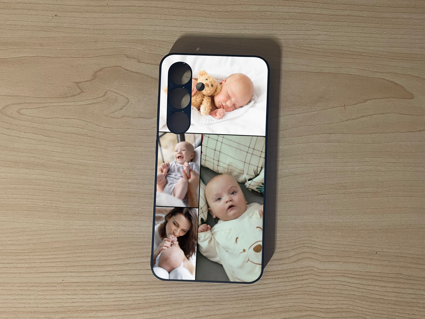 Custom phone case for the Samsung S24 and S24 Plus showing 4 photo collage of a mom and her baby moments on a wooden surface.
