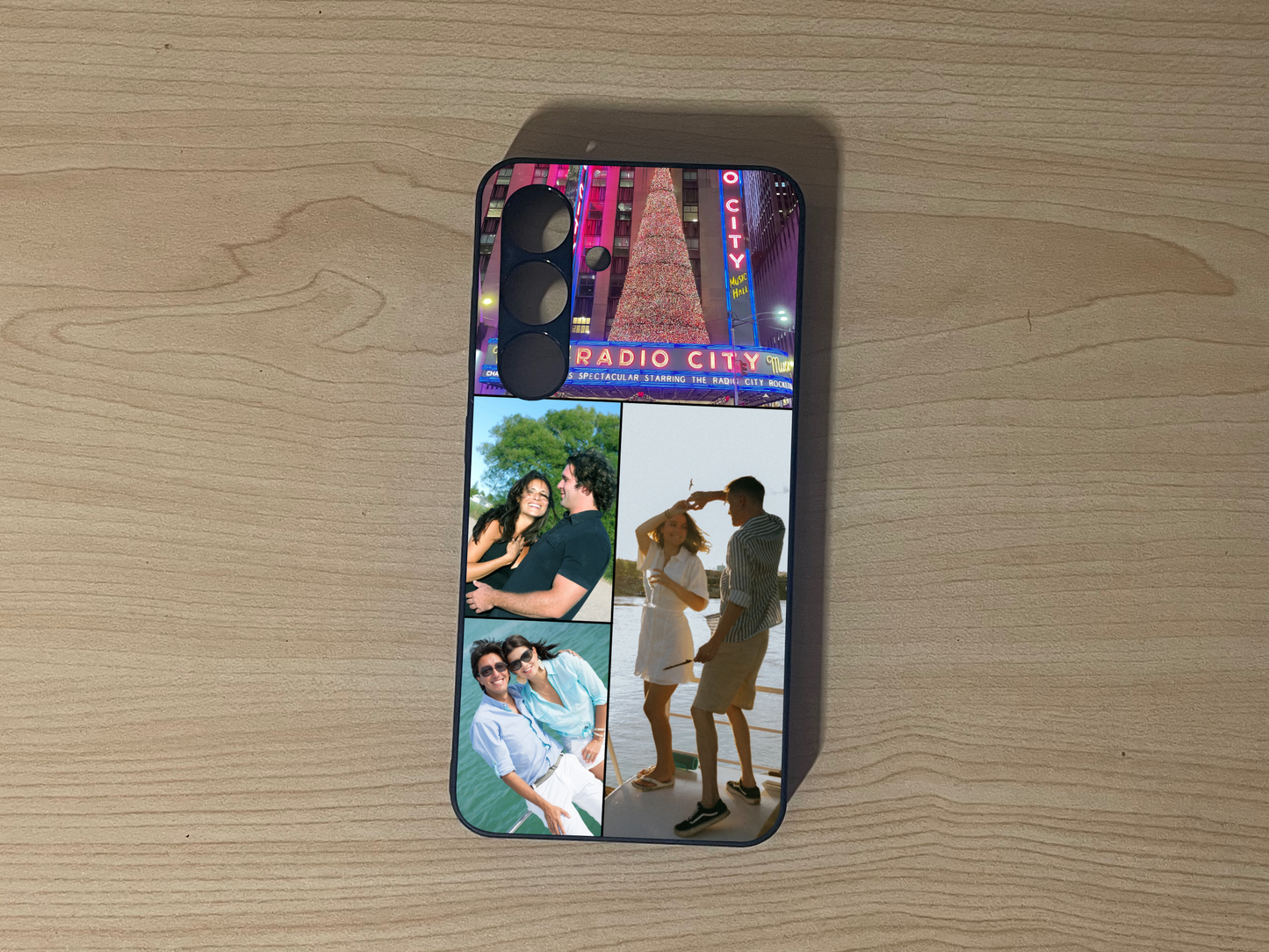 Custom phone case for the iPhone showing 4 photo collage photo of family moments on a wooden surface.